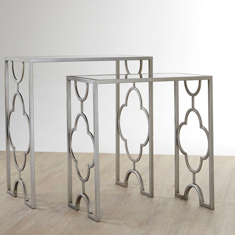 Orsina Merlin Silver Leaf Side Tables | Set of 2 Mirrored Glass Tops