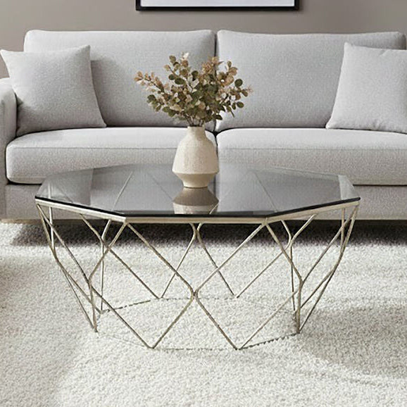 Orsina Allure Hexagon Coffee Table – Tempered Glass & Brushed Nickel