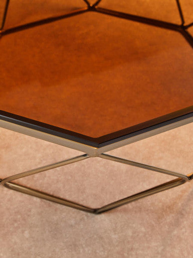 Orsina Allure Brushed Bronze Coffee Table | Amber Glass Geometric Base