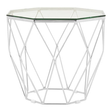 Orsina Hexagon End Table – Glass Top & Chrome Geometric Base