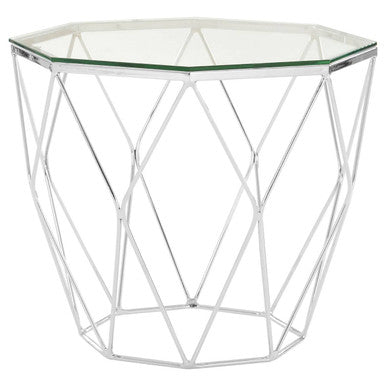 Orsina Hexagon End Table – Glass Top & Chrome Geometric Base