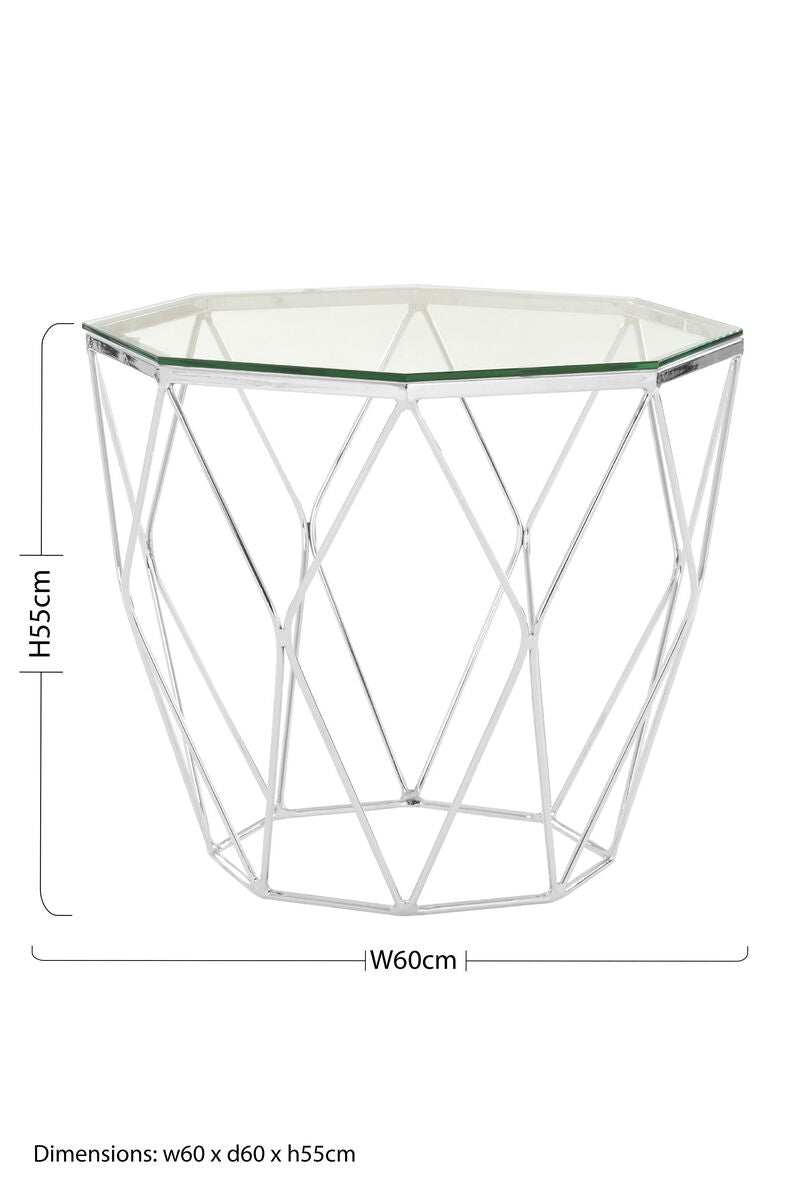 Orsina Hexagon End Table – Glass Top & Chrome Geometric Base