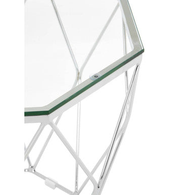 Orsina Hexagon End Table – Glass Top & Chrome Geometric Base