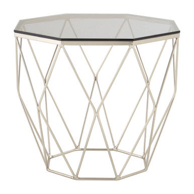 Orsina Octagonal End Table – Smoke Grey Glass & Brushed Nickel Base