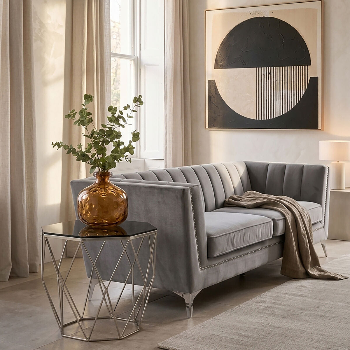 Orsina Octagonal End Table – Smoke Grey Glass & Brushed Nickel Base
