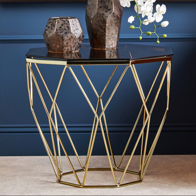 Orsina Allure Geometric Side Table – Brushed Bronze & Hexagonal Glass