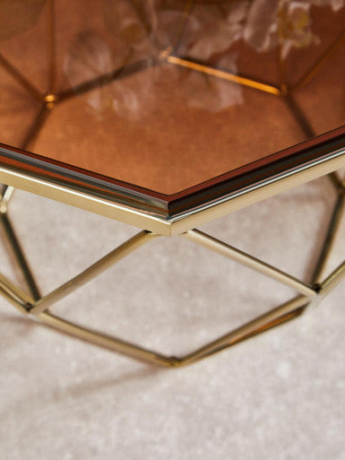 Orsina Allure Geometric Side Table – Brushed Bronze & Hexagonal Glass