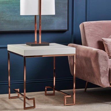 Orsina Allure End Table – White High Gloss & Rose Gold Stainless Steel