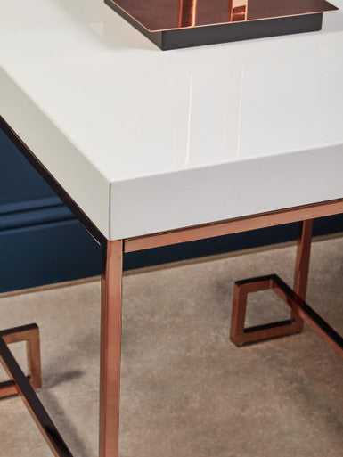 Orsina Allure End Table – White High Gloss & Rose Gold Stainless Steel