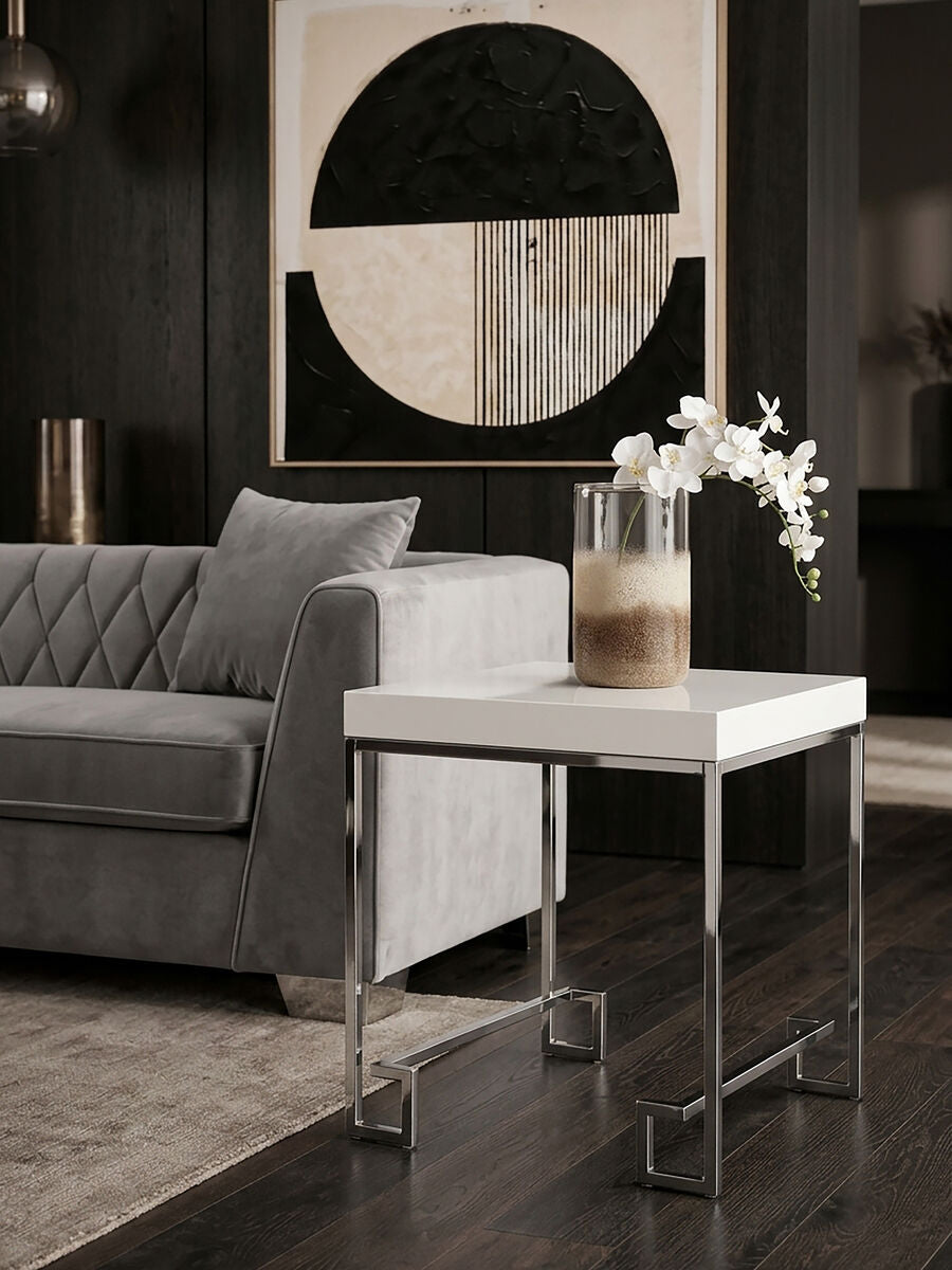 Orsina Allure Modern End Table – White High Gloss and Chrome Steel