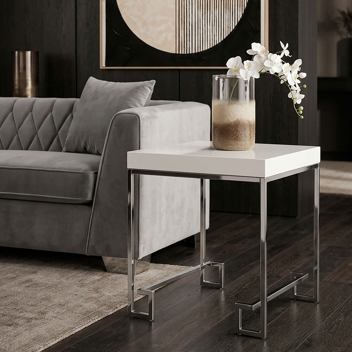 Orsina Allure Modern End Table – White High Gloss and Chrome Steel