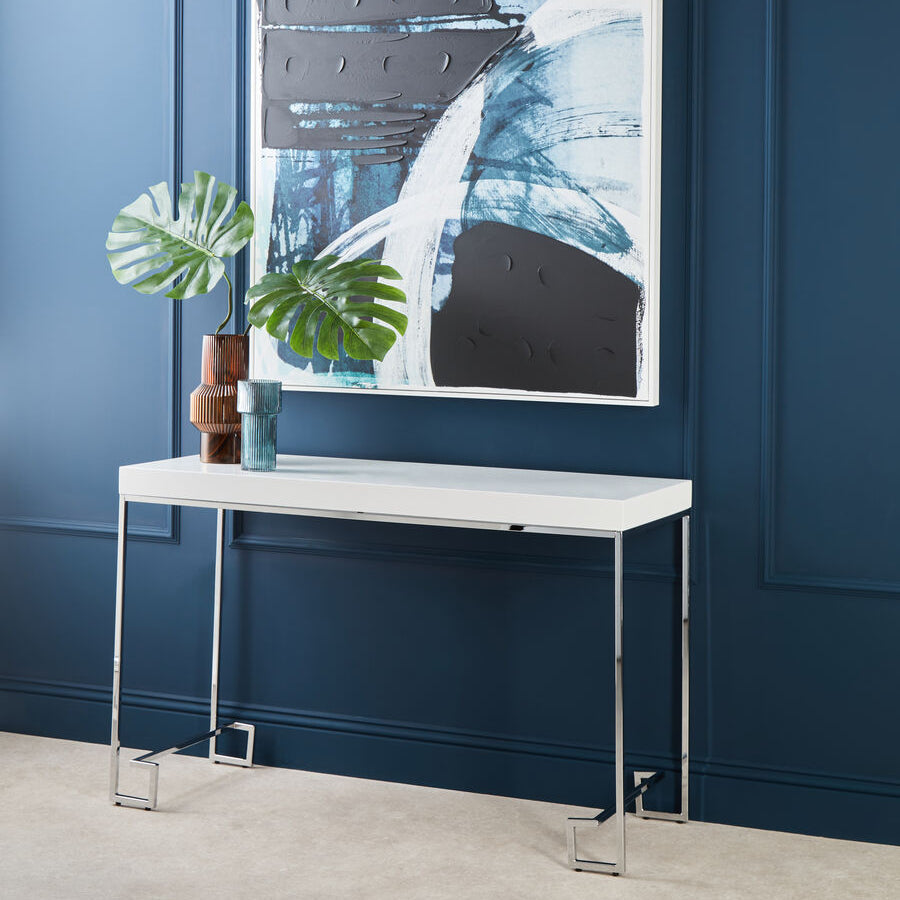 Orsina Allure White High Gloss Console Table with Silver Chrome Legs