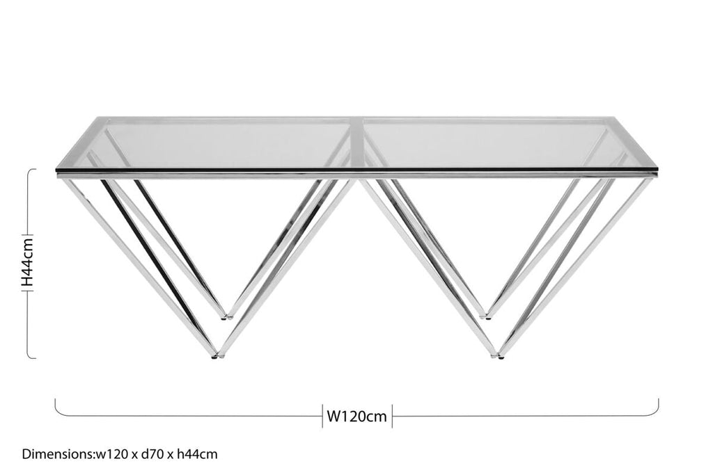Orsina Allure Glass Coffee Table – Chrome Triangular Base, Modern