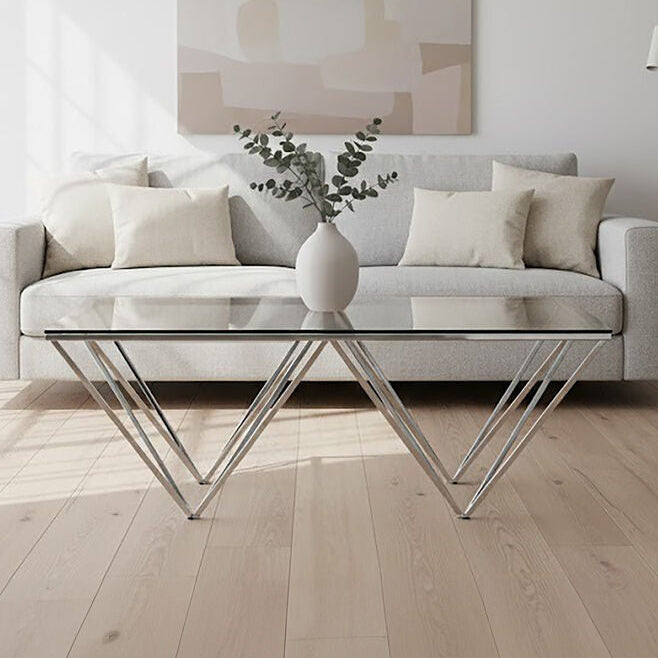 Orsina Allure Glass Coffee Table – Chrome Triangular Base, Modern