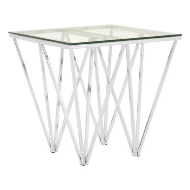 Orsina Allure Chrome End Table – Clear Tempered Glass & Geometric Base