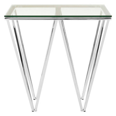 Orsina Allure Chrome End Table – Clear Tempered Glass & Geometric Base
