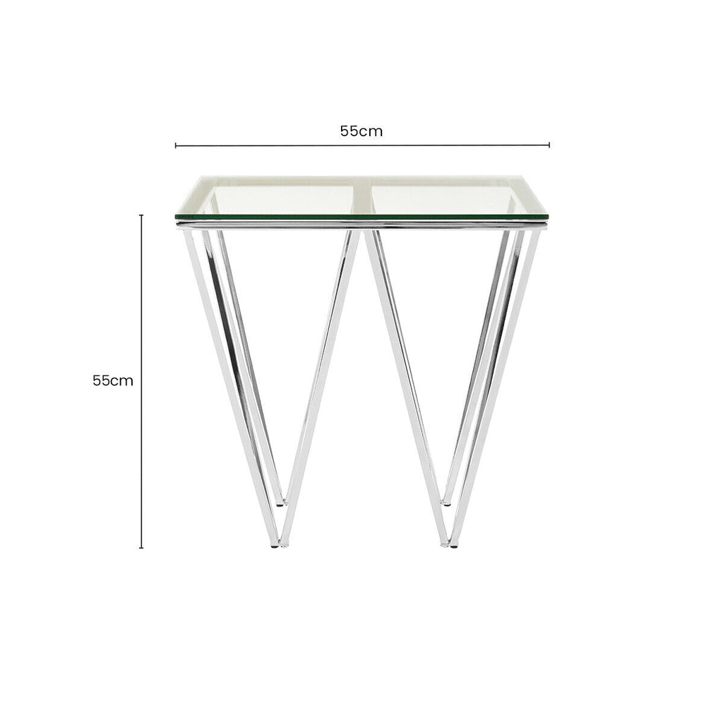 Orsina Allure Chrome End Table – Clear Tempered Glass & Geometric Base