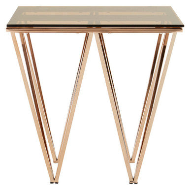 Orsina Glass End Table – Rose Gold Prismatic Legs Modern Side Table