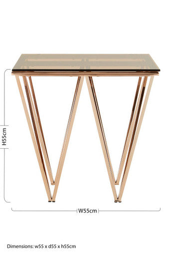 Orsina Glass End Table – Rose Gold Prismatic Legs Modern Side Table