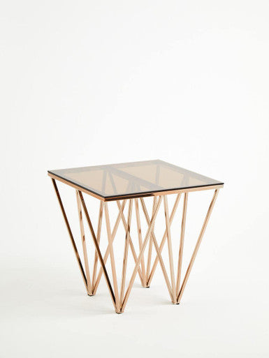 Orsina Glass End Table – Rose Gold Prismatic Legs Modern Side Table