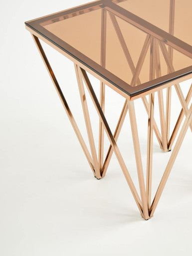 Orsina Glass End Table – Rose Gold Prismatic Legs Modern Side Table