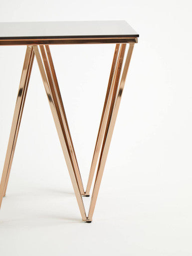 Orsina Glass End Table – Rose Gold Prismatic Legs Modern Side Table