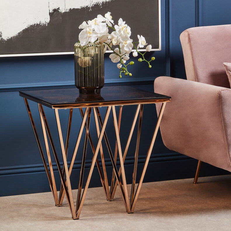 Orsina Glass End Table – Rose Gold Prismatic Legs Modern Side Table