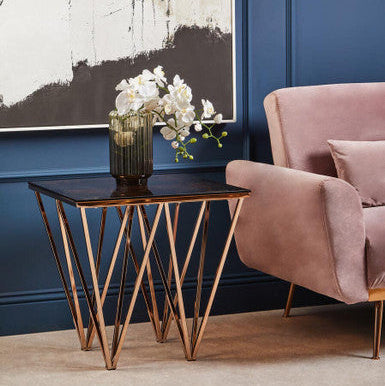 Orsina Glass End Table – Rose Gold Prismatic Legs Modern Side Table