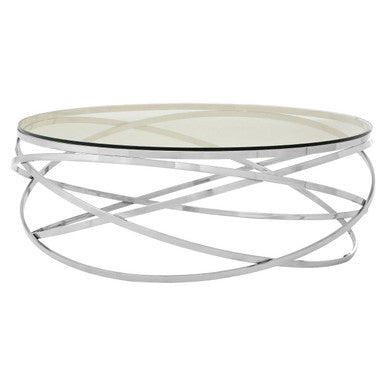 Orsina Allure Round Glass Coffee Table | Silver Swirl Stainless Steel