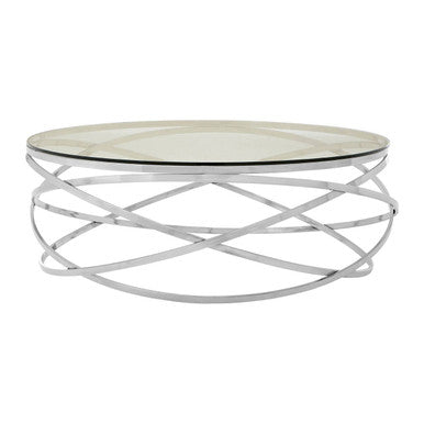 Orsina Allure Round Glass Coffee Table | Silver Swirl Stainless Steel