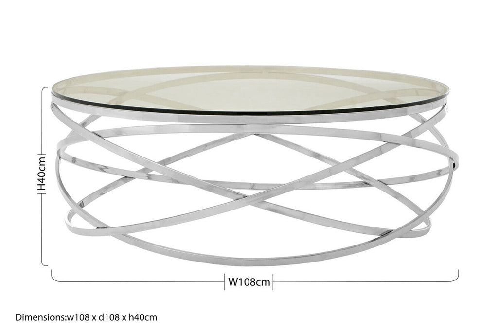 Orsina Allure Round Glass Coffee Table | Silver Swirl Stainless Steel