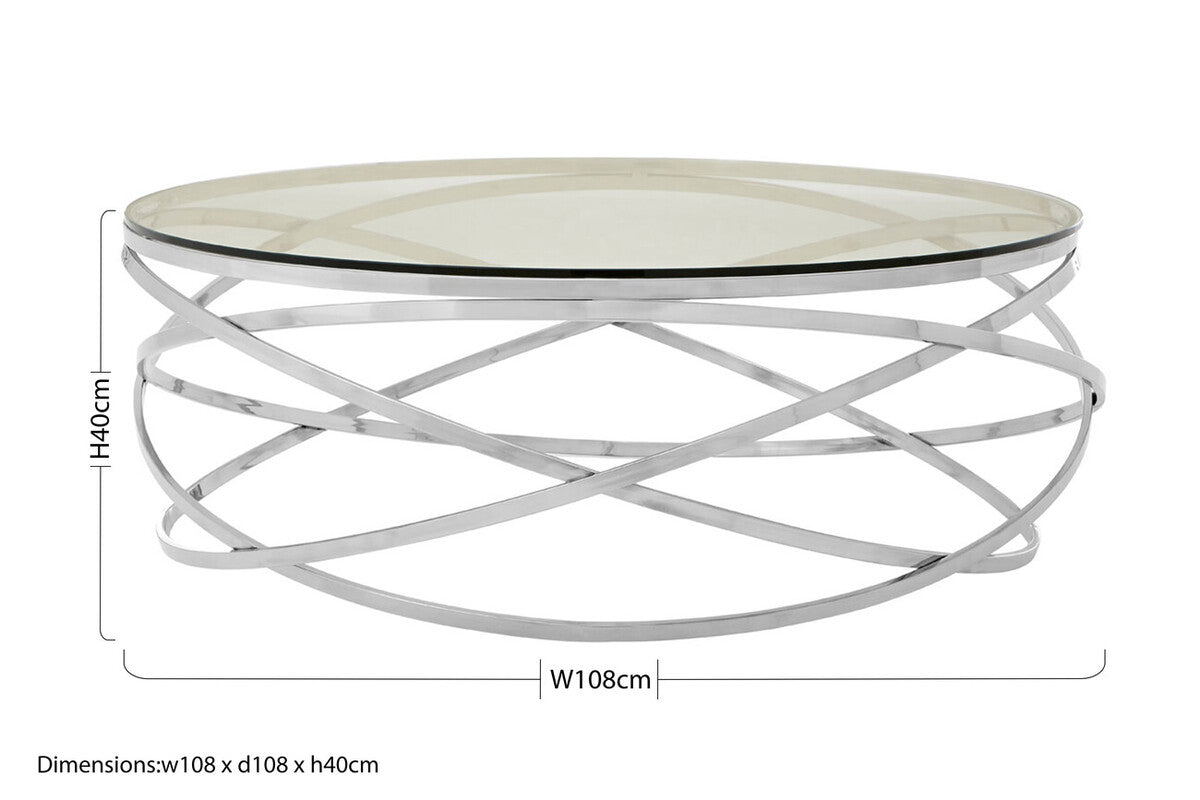 Orsina Allure Round Glass Coffee Table | Silver Swirl Stainless Steel