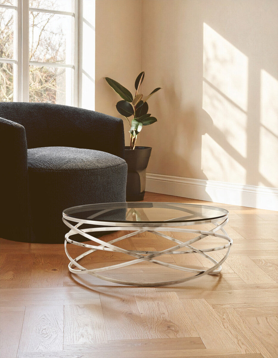 Orsina Allure Round Glass Coffee Table | Silver Swirl Stainless Steel