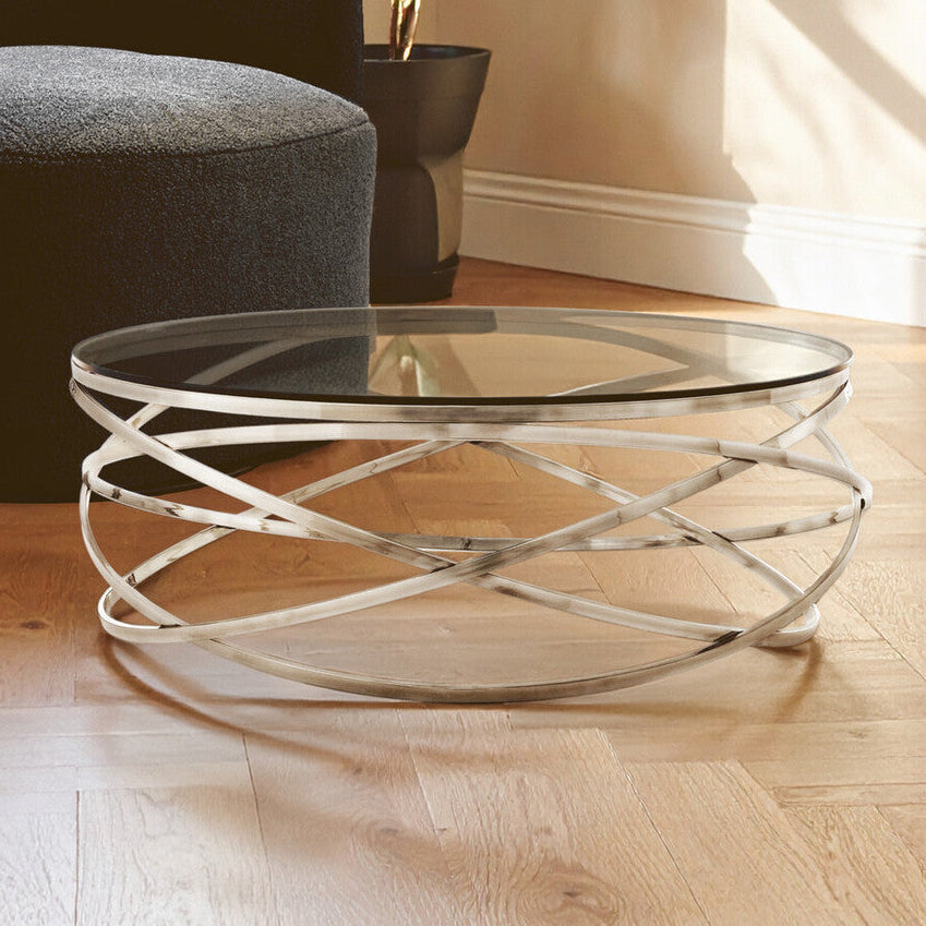 Orsina Allure Round Glass Coffee Table | Silver Swirl Stainless Steel