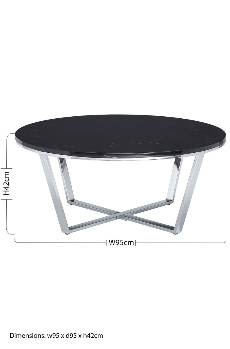 Orsina Allure Round Black Faux Marble Coffee Table | Chrome Legs