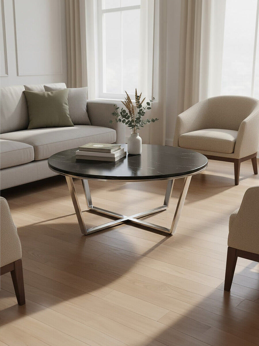 Orsina Allure Round Black Faux Marble Coffee Table | Chrome Legs