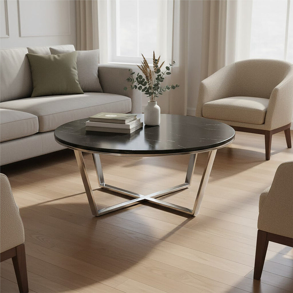 Orsina Allure Round Black Faux Marble Coffee Table | Chrome Legs