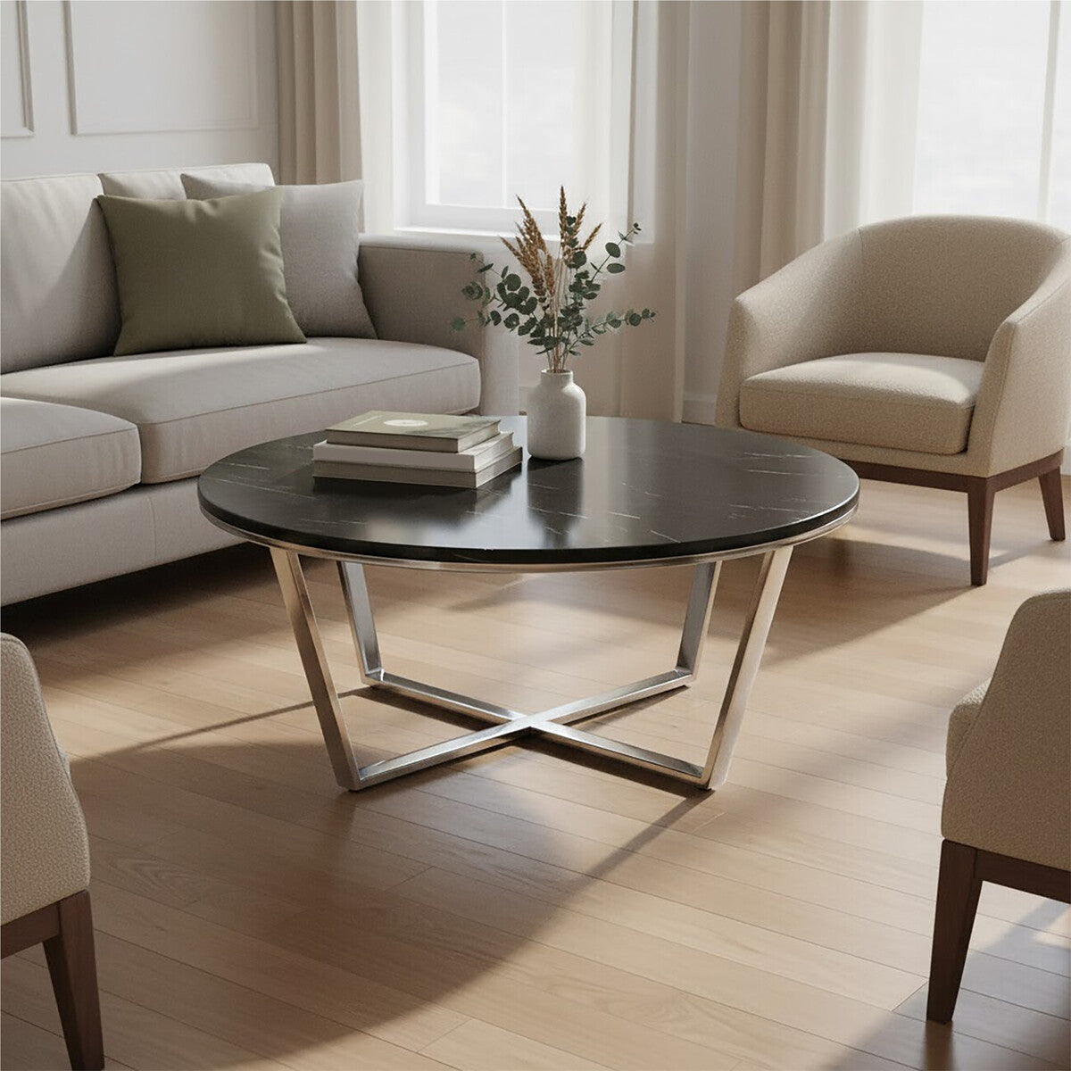 Orsina Allure Round Black Faux Marble Coffee Table | Chrome Legs