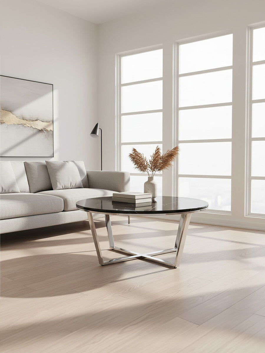 Orsina Allure Round Black Faux Marble Coffee Table | Chrome Legs