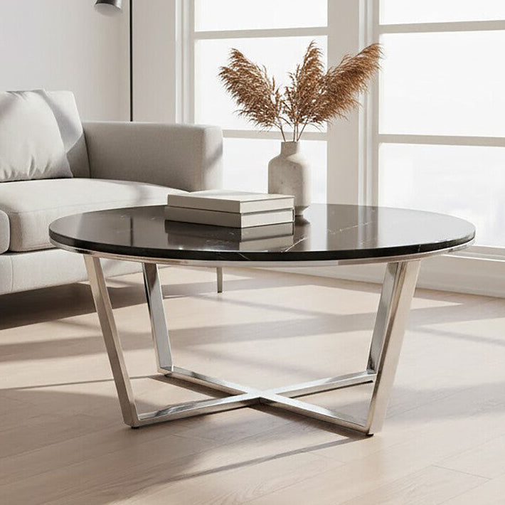 Orsina Allure Round Black Faux Marble Coffee Table | Chrome Legs