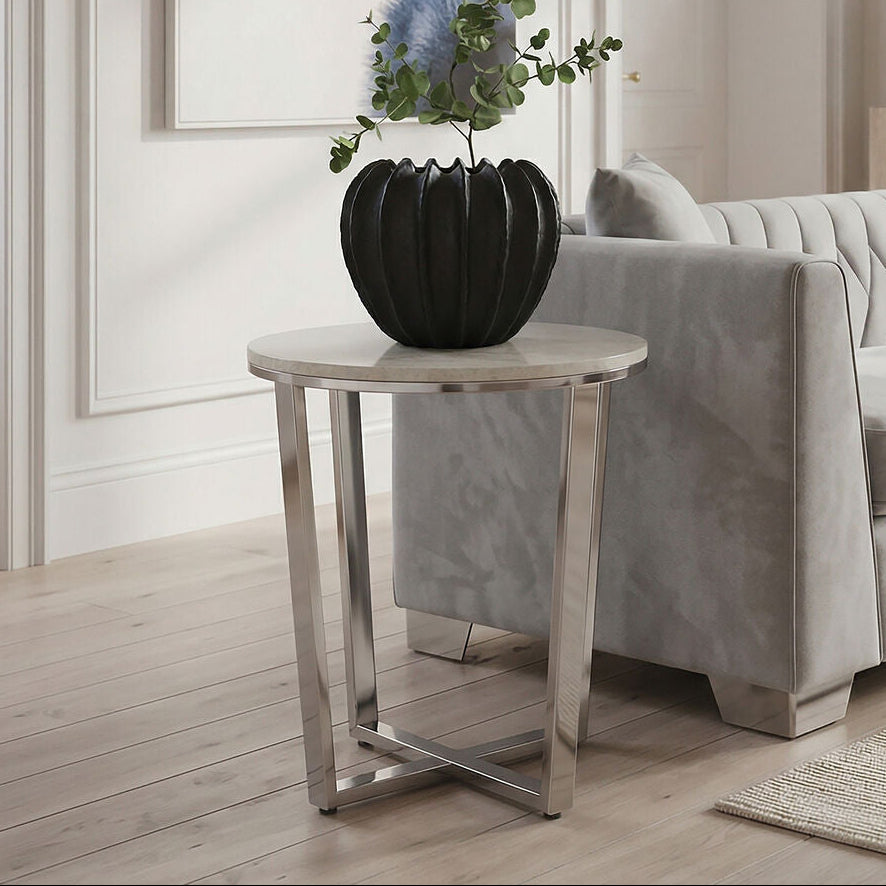 Orsina Allure Round White Faux Marble End Table with Chrome Legs