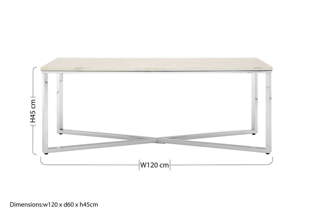 Orsina Allure White Faux Marble Coffee Table with Chrome Lattice Legs