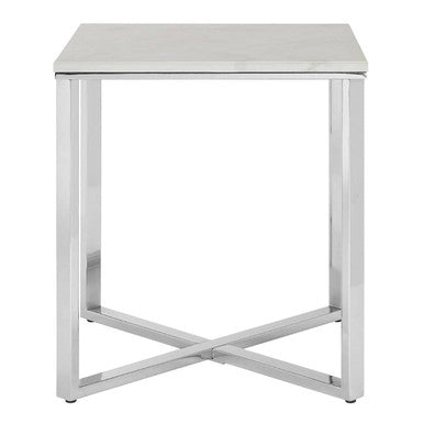 Orsina Allure Square White Faux Marble End Table with Chrome Legs