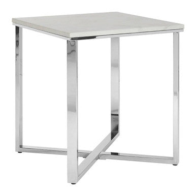 Orsina Allure Square White Faux Marble End Table with Chrome Legs