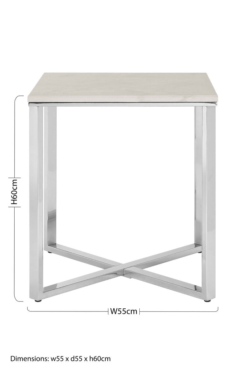 Orsina Allure Square White Faux Marble End Table with Chrome Legs