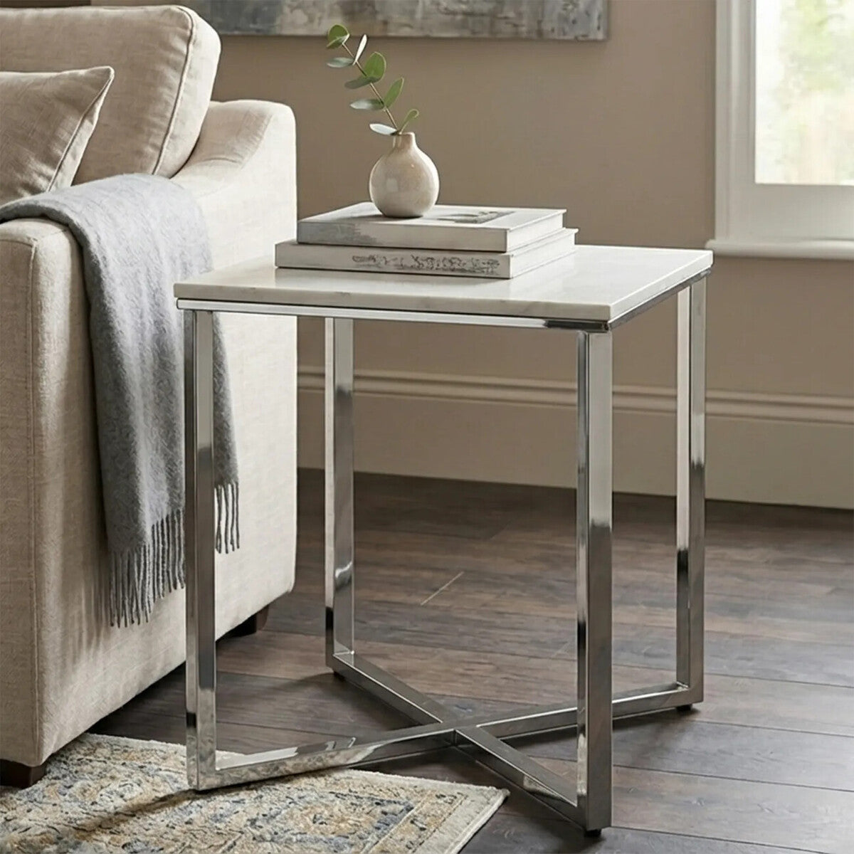 Orsina Allure Square White Faux Marble End Table with Chrome Legs