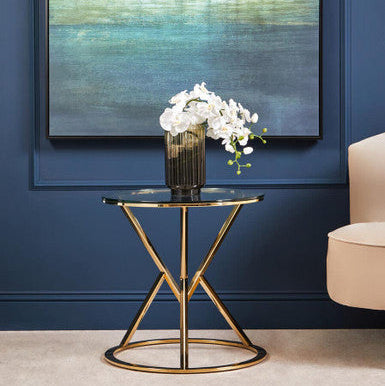 Orsina Allure Round End Table – Champagne Gold & Tempered Glass