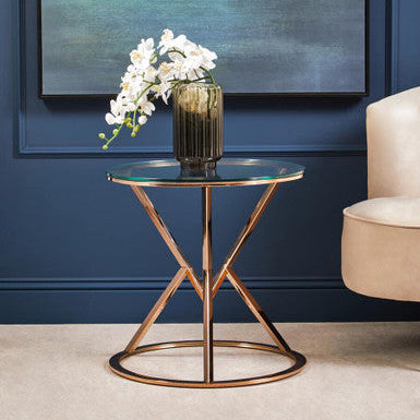 Orsina Allure Round Rose Gold End Table with Tempered Glass Top