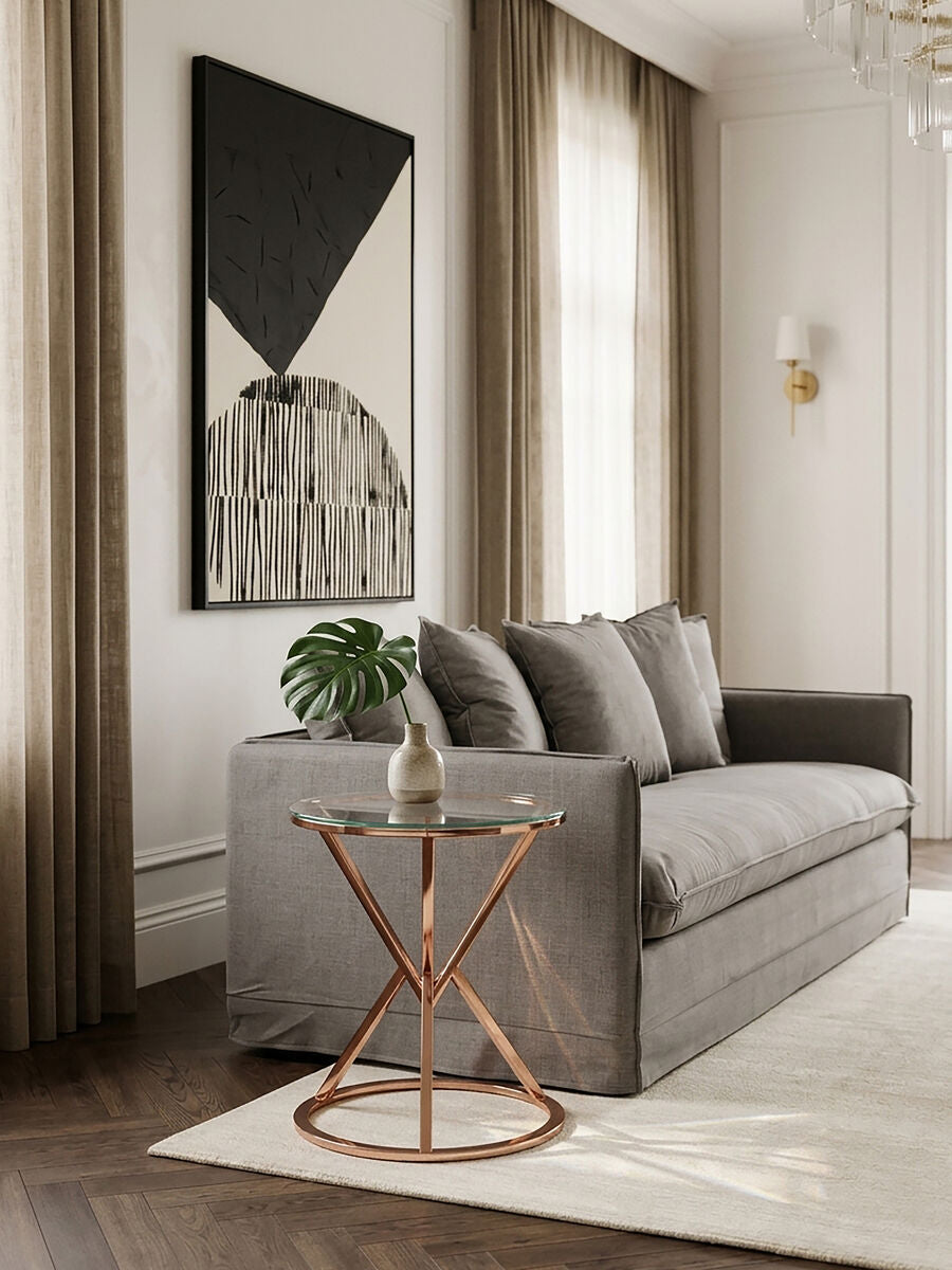 Orsina Allure Round Rose Gold End Table with Tempered Glass Top