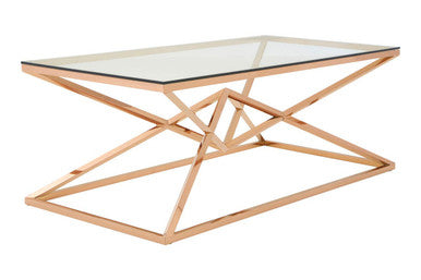 Orsina Allure Rose Gold Coffee Table | Tempered Glass & Steel Base